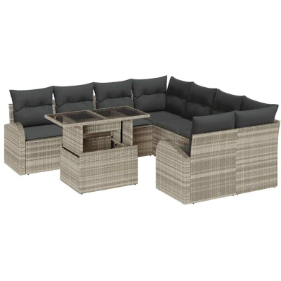 Image of vidaXL 9 Piece Garden Sofa Set with Cushions Light Grey Poly Rattan