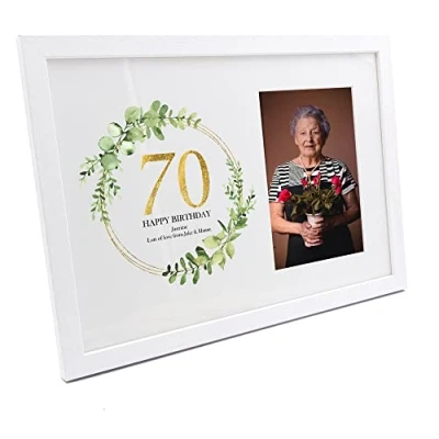 Image of Personalised 70th Birthday Gift for her Photo Frame Gold Wreath Design