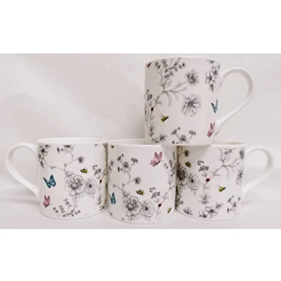 Image of Rainbow Decors Secret Garden Mugs Set 4 Fine Bone China 14 oz Large Balmoral Cups Flowers Butterflies Bees Hand Decorated UK, Multi