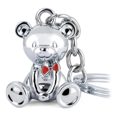 Image of TROIKA Keyring Teddy Bear with Red Bow in Cast Metal Key Ring, Chrome Plated, silver Original, colours, 9,2 x 3,5 2,8 cm