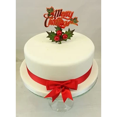 Image of Christmas Cake Decoration,Red Berry Flower Spray, Motto,Red Ribbon &amp; Bow Pack Topper