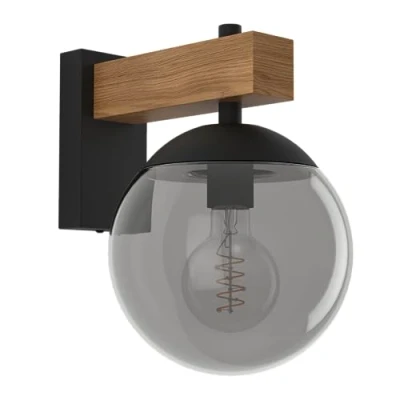 Image of Eglo LED Outdoor Wall Light Fixture Bufalata, External Porch lamp, Globe Shaped Outside Spotlight, Black and Wooden Effect Metal, White Plastic, E27 Socket, IP44