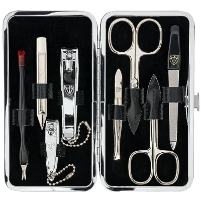 Image of 3 Swords Germany brand quality 8 piece manicure pedicure grooming kit set for professional finger &amp; toe nail care scissors clipper fashion leather case in gift box, Made by (0361)