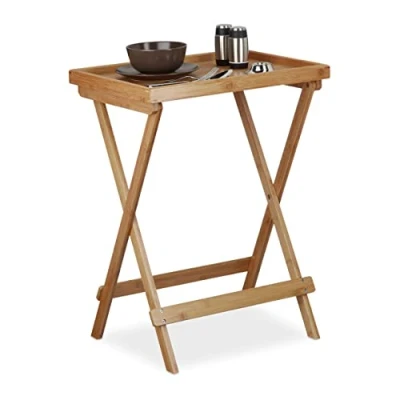 Image of Relaxdays Bamboo Tray Table, Hxwxd: ca 66 x 50 38.5 cm, Sofa Table with For Breakfast, Folding Serving Natural Brown,