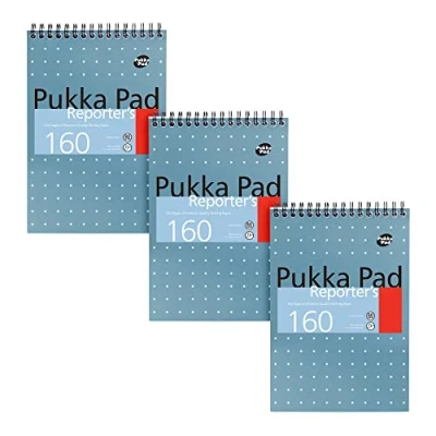 Image of Pukka Pad, Reporter’s Pad 3 Pack for Home, School, and Office 14 x 20.5cm Wirebound, Head Bound Notebook with 160 Pages of 80GSM Paper Microperforated Easy Removal Blue