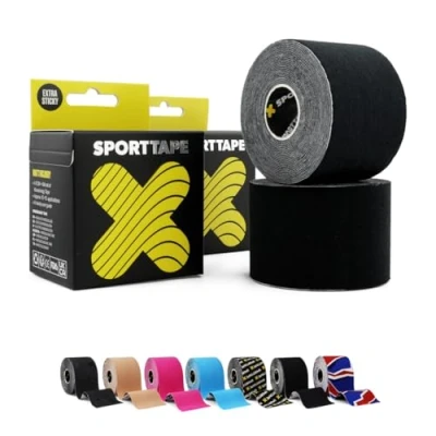 Image of 2 Rolls SPORTTAPE Kinesiology Tape 5cm x 5m Black Physio &amp; Sports Injury Muscle for Knee Pain, Shoulder, Ankle Shin Splints Support Waterproof Hypoallergenic Kinetic