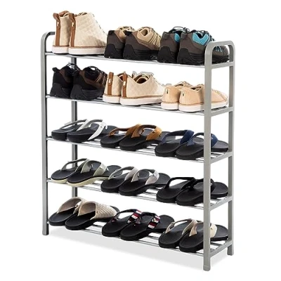 Image of ASAB 5 Tier Shoe Rack Sturdy and Durable Metal Frame Grey Stores up to 20 Pairs Space Saving Design Easy Assemble Rust Resistant Storage Lightweight Boots Organiser