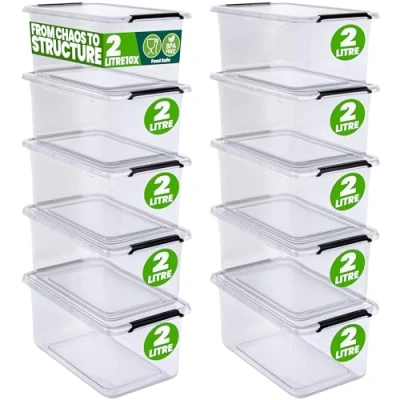 Image of Deuba® 10x 2 Litre Storage Boxes With Click Closure Secure Lid BPA Free Food Safe Plastic Box Small Stackable Transparent Organiser for Kitchen Bedroom Garage Office