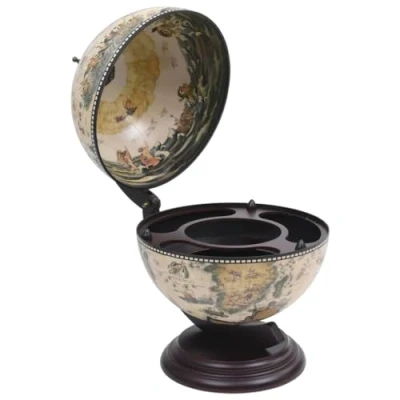 Image of vidaXL White Eucalyptus Wood Tabletop Globe Bar Wine Stand Storage for and Stemware with Graphic Designs, Rotating Feature, 38x33x48cm Dimensions