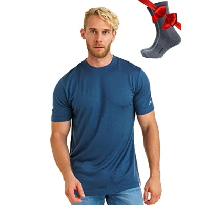 Image of Merino.tech Merino Wool T Shirt Mens 100% Organic Base Layer Men Undershirt Lightweight + Hiking Socks (Medium, Denim)