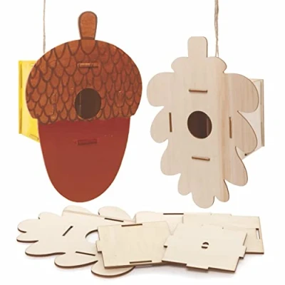 Image of Baker Ross FE640 Autumn Wooden Birdhouse Kits Pack of 2, Wood Crafts to Decorate and Display, Garden for Personalised Arts Projects, Make Your Own Kids