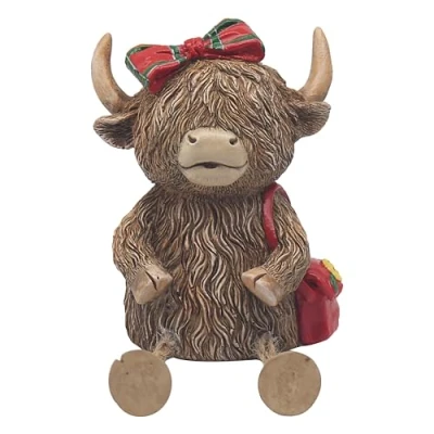 Image of Lesser &amp; Pavey Cute Highland Cow Money Box Tartan Hat, Bow, Pink Flower Headband or Flat Cap Designs (Bow)