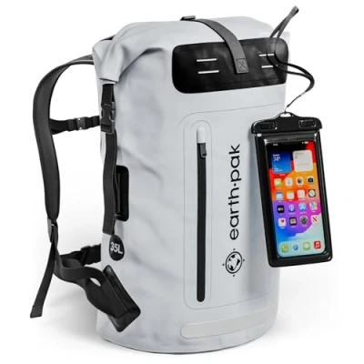 Image of Earth Pak Waterproof Backpack with Roll Top Closure, Front Pocket, Cushioned Back Panel &amp; Phone Case (Gray, 85L)