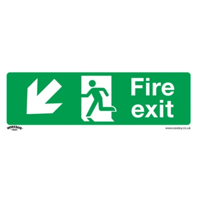 Image of Worksafe Safe Conditions Safety Sign Fire Exit (Down Left) Self Adhesive Vinyl Pack of 10