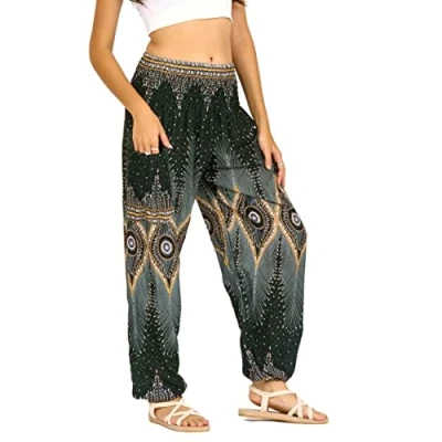 Image of Lofbaz Harem Pants for Women Yoga Boho Hippie Clothing Womens Palazzo Bohemian Pajama Trousers Beach Indian Gypsy Genie Clothes Floral 2 Dark Green 4XL