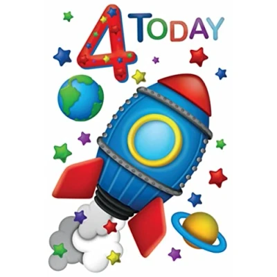 Image of Age 4 Boy 4th Birthday Card Blue &amp; Red Rocket With Planets Stars 7.75x5.25&quot;