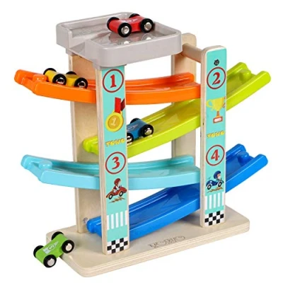 Image of TOWO Wooden Car Ramp Toy Zig Zag Slide with 4 Cars &amp; Roof Top Park Playsets Click Clack Track toys for Toddlers Racing Kids Boys Girls 1 2 3