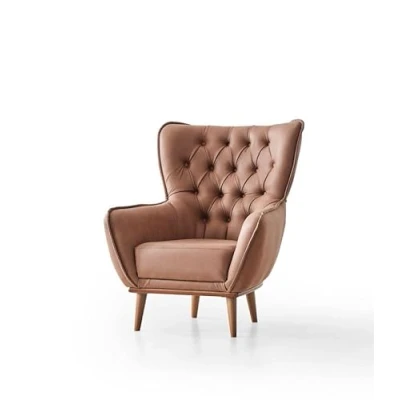 Image of Emporium Furniture Chesterfield Cream Brown Leather Living Room Set, Sofa bed 3 &amp; 2 seater Loveseat Sofas Couches Armchairs (Brown, Armchair)