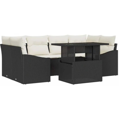 Image of vidaXL 7 Piece Garden Sofa Set with Cushions Black PE Rattan