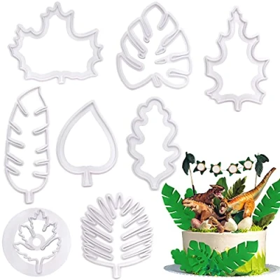 Image of 8 Pcs Tropical Leaf Icing Cookie Cutter Shapes Set for Cake Decorating Mini Plastic Fondant Mould DIY Baking Tool