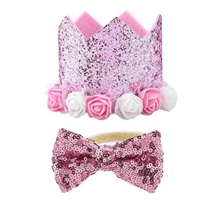Image of TOPINCN Pet Hat Bow Tie Set Fashionable Retractable Shiny Flower Crown Dogs Cats Supplies Christmas Birthday Party Festival Daily(Pink)