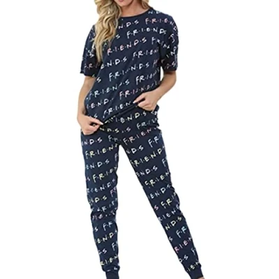Image of FRIENDS TV Show Womens Pyjama Set 20 22 UK Top and Bottoms in Navy Blue with All Over Print