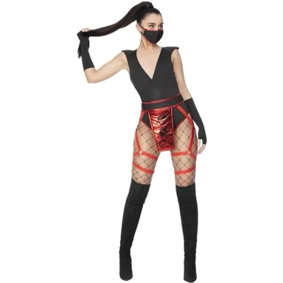Image of Smiffys Fever Scarlet Ninja Costume Bodysuit, Leg Harness, Mask &amp; Gloves, Fancy Dress, Dress Up Costumes