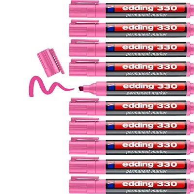 Image of edding 330 permanent marker pink 10 pens chisel tip 1 5 mm waterproof, quick drying, smear proof for cardboard, plastic, glass, wood, metal and fabric
