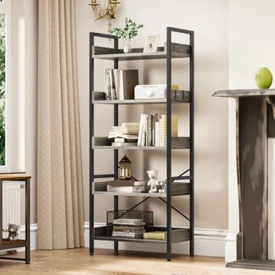 Image of YITAHOME Bookcase 5 Tiers, Floor Standing Book Shelf, Wooden Shelf and Stable Steel Frame Shelving Units with 4 Hooks Industrial Storage for Living Room, Home Office, Grey Bookshelf