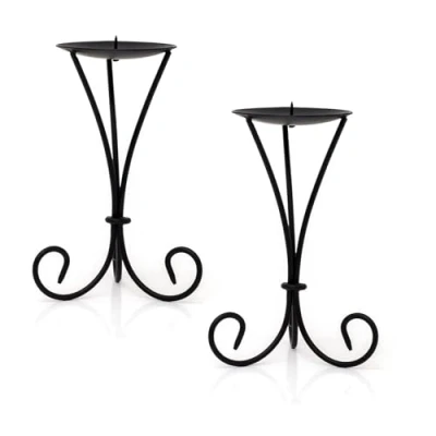 Image of Set of 2 Tall Black Metal Scroll Candle Holders Pack Pillar Candlesticks Plates With Spike 21cm