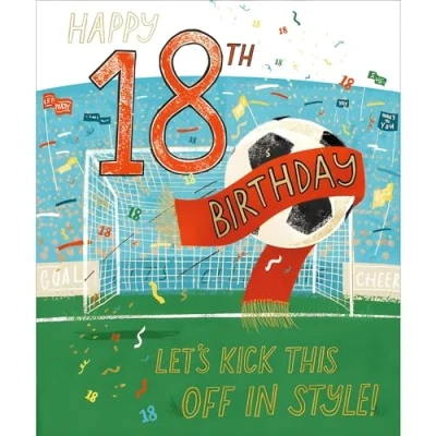Image of Male 18th Birthday Card Age 18 Football Design Kick Off in Style! Special Finish Made the UK Eco Friendly