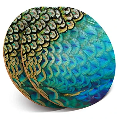 Image of 2 x Round Coasters Beautiful Feathers Peafowl Peacock Cork Backed Home Kitchen Accessory Tea Coffee Mug Mat #44250