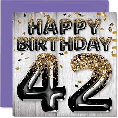 Image of 42nd Birthday Card for Men Black &amp; Gold Glitter Balloons Happy Cards 42 Year Old Man Dad Cousin Friend Brother Uncle, 145mm x Forty Two Second Greeting Gift