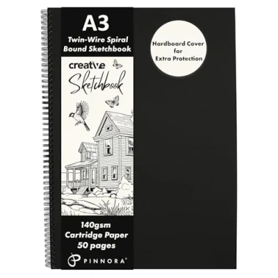 Image of Pinnora Creative A3 Sketchbook, Wire Spiral Bound Sketch Book with 50 Pages of Mixed Media Art Paper 140gsm, Sketchbook A4, Black Board Drawing Pad Cover, and for All Artists