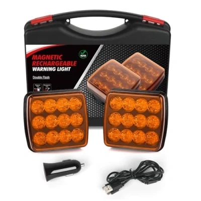 Image of AOHEWEI Wireless LED Warning Lights Amber, 12 V/24 V Magnet Rear Flashing Lights, Rechargeable Emergency Strobe for Truck Vehicle