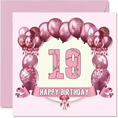 Image of Fun 19th Birthday Cards for Woman Balloons Happy Card Son Daughter Brother Sister Grandson Granddaughter Niece Nephew Cousin, 145mm x Greeting Cards,
