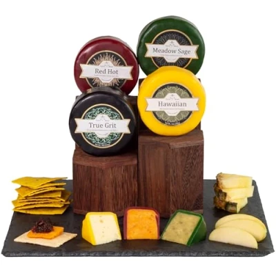 Image of InterCheese 4 Cheese Truckle Hamper Gift Selection Artisan Truckles of Aged Cheddar, Double Gloucester, Wensleydale and Derby Cheeses sent nestled in Wood Wool