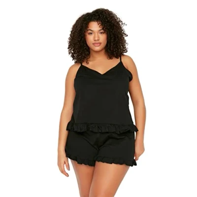 Image of Trendyol Women Straight Knitted Camisole Shorts Plus Size Pajamas Set Black