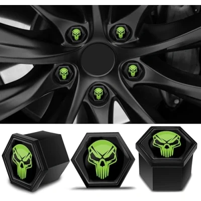 Image of Biomar Labs Set of 20pcs Car Wheel Nut Caps Bolt Cover 19mm Universal with Removal Tool Black Green Skull LC 11