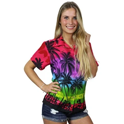 Image of KING KAMEHA Funky Casual Hawaiian Blouse Shirt Women Front Pocket Button Down Very Loud Shortsleeve Pineapple Flowers Print, Beach Pink, XXL