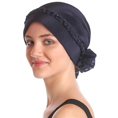 Image of Deresina Women Braided Beaded Chemo Turban for Hair Loss (Navy One Size)