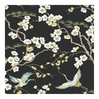 Image of Sublime Black Japan Floral and Fauna Tropical Wallpaper Paste the wall Black, Green &amp; White Contemporary Vinyl Bird design Cover for small cracks Feature or 4