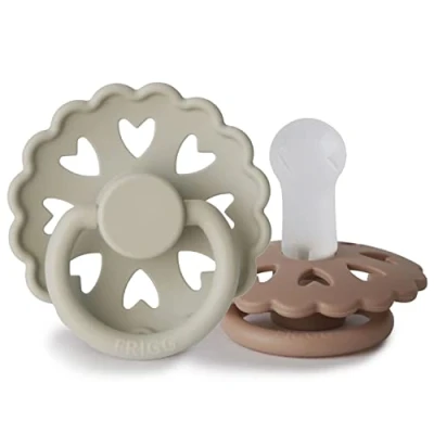 Image of FRIGG Fairytale Silicone Pacifier Pack of 2 Soother Dummy BPA Free Made in Denmark Symmetrical Cherry Shaped Nipple (Silky Satin/Willow Grey (6 18 Months))