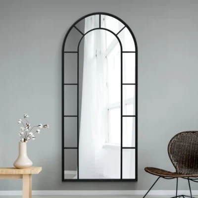 Image of MirrorOutlet The Arcus Black Framed Modern Full Length Arched Leaner/Wall Mirror 75&quot; X 33&quot; (190CM 85CM) Silver Glass with All weather Backing.