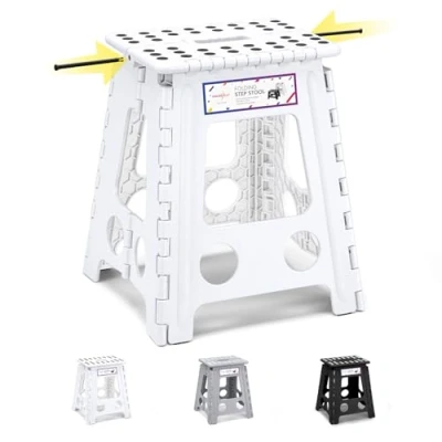 Image of HOUSE DAY 16 inch(40cm) Folding Step Stool Large Size Kitchen for Adults Space Saving Children &amp; Adult Durable Plastic Heavy Duty Foldable White