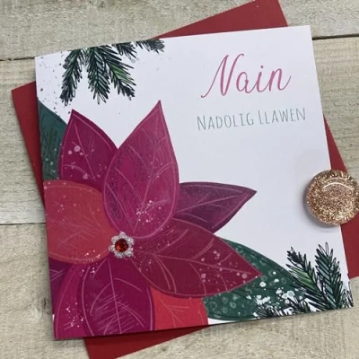 Image of WHITE COTTON CARDS NAIN POINSETTIA WELSH CHRISTMAS CARD, HAND FINISHED (W C23 71)