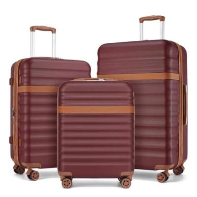 Image of Kono Luggage Sets Hard Shell Suitcase of 3 Piece ABS+PC Lightweight Travel Trolley with TSA Lock Spinner Wheels (Burgundy/Brown)