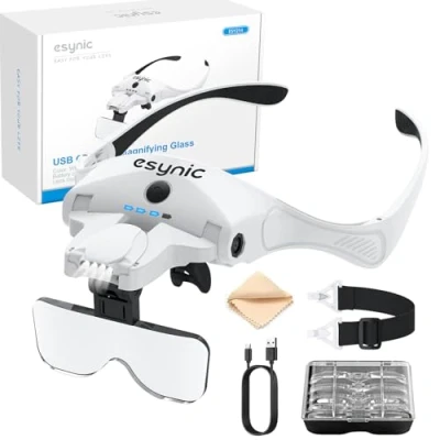 Image of eSynic Headband Magnifying Glass Rechargeable Head Magnifier Wear Comfortably HeadMount With Light Support4 LED Lights1.2 4.5X HD LensPower Indicator for Reading Crafts,etc