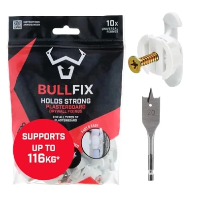 Image of Bullfix Universal Plasterboard Fixings Heavy Duty Starter 10 Pack, Drywall Anchor, Wall Plug Alternative for Dot &amp; Dab, Stud Hollow Cavity Anchor Kit with Screws