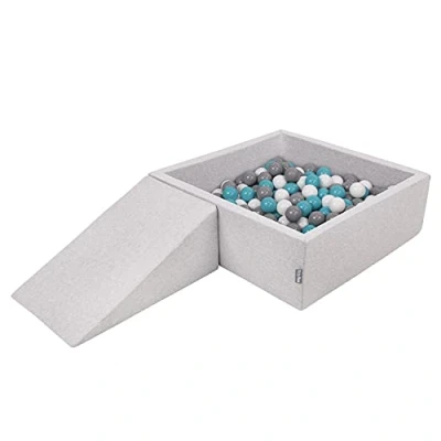 Image of KiddyMoon Foam Playground For Kids With Square Ballpit (100 Balls ∅ 7Cm/2.75In) Soft Obstacles Course And Ball Pool, Made In The EU, Lightgrey:Grey/White/Turquoise